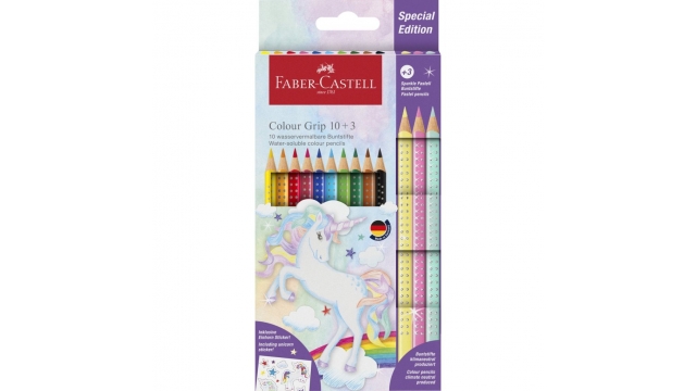 Faber Castell FC-201542 Colour Grip Kleurpotloden 10 Stuks + 3 Sparkle Pastel Kleurpotloden en Unicorn Stickers