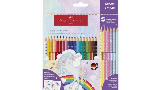 Faber Castell FC-201543 Colour Grip Kleurpotloden 18 Stuks + 6 Sparkle Pastel Kleurpotloden en Unicorn Stickers